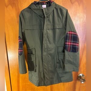 Olive Green Trench Coat with Plaid Accents